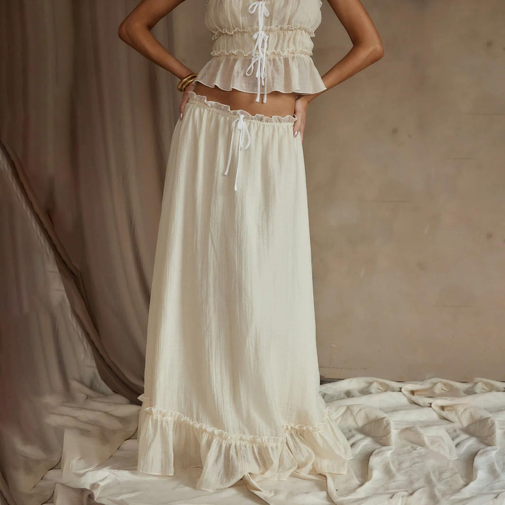 Women 2 Piece Outfits Y2k Sleeveless Lace Trim Cami Tops and Ruffle Ruched Maxi Skirt Matching Set