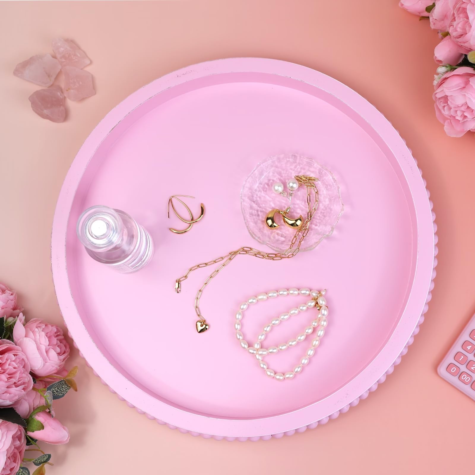 Round Wood Decorative Ottoman Tray for Coffee Table Kitchen Counter, Living Room, Handcrafted Wooden Serving Tray for Table Centerpiece