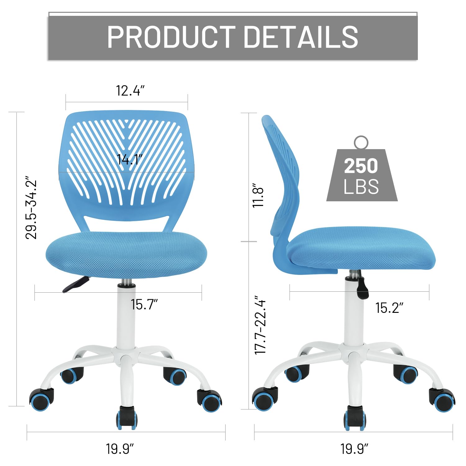 Study Desk Chair Armless Cute, Ergonomic Small Swivel Adjustable Rolling Lightweight Task Chair with Wheels and Mesh Padded Cushion
