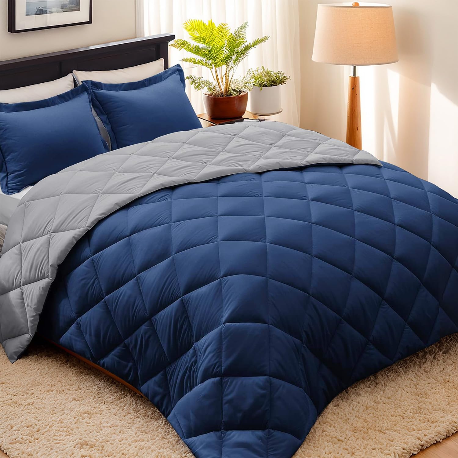 Reversible Down Alternative Comforter with Two Shams - Quilted Duvet Insert with Corner Tabs - Box Stitched Blanket - Super Soft, Fluffy