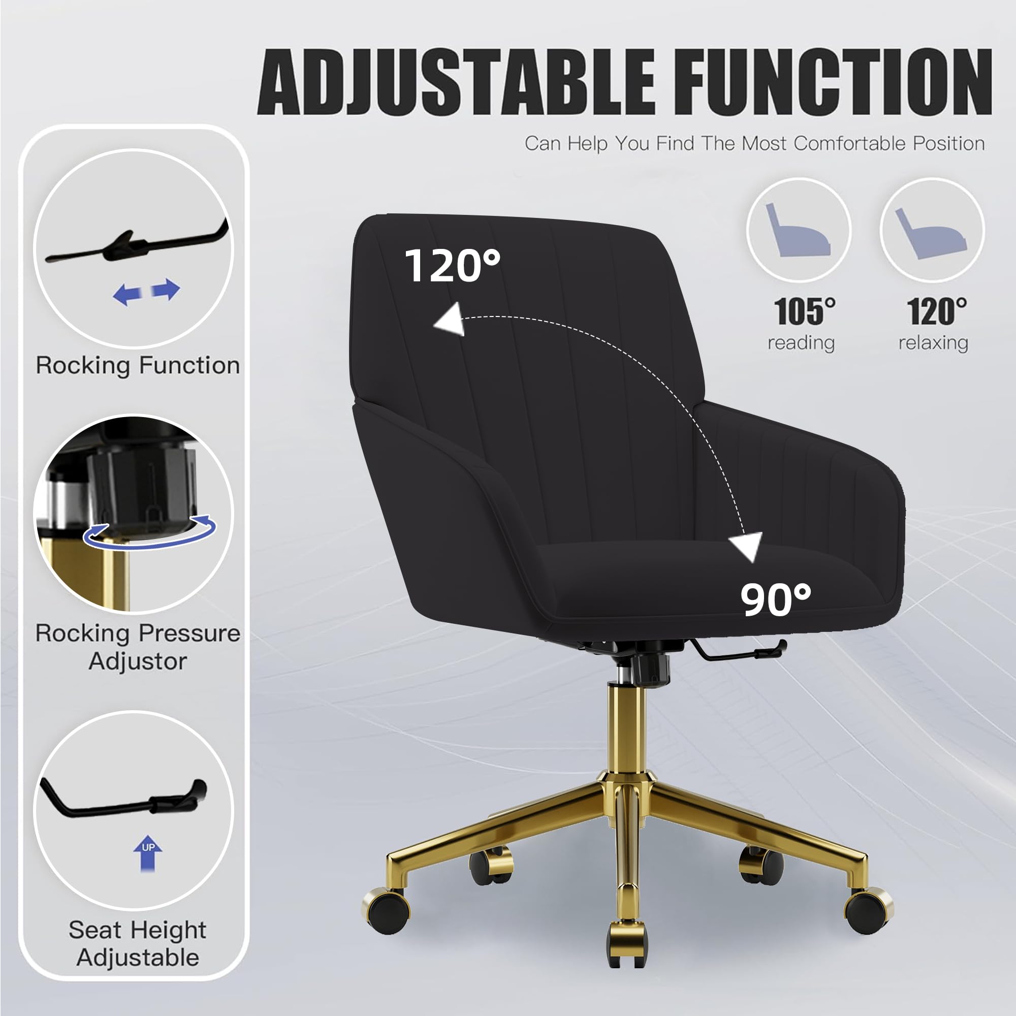 Velvet Modern Cute Chair with Back, Height Adjustable Upholstered Vanity Chair with Swivel Wheels