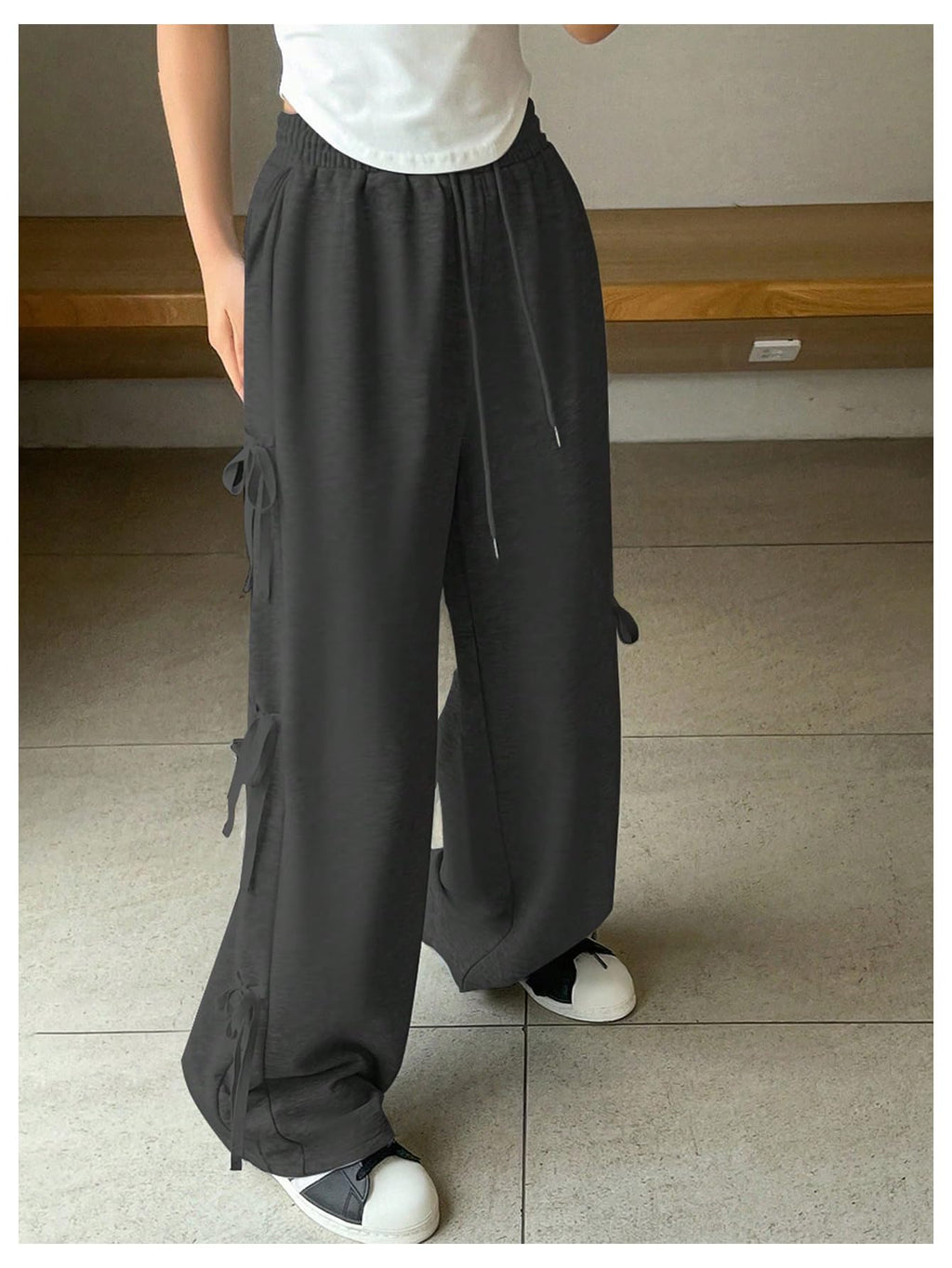 Women's Side Bow Tie Straight Leg Sweatpants Drawstring Elastic Waist Loose Athletic Sports Pants