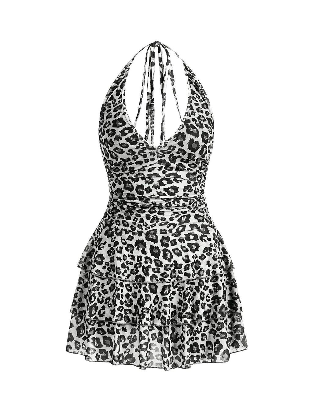 Women's Y2k Leopard Print Halter Dress Mesh Layered Ruffle Hem Animal Cheetah Dresses