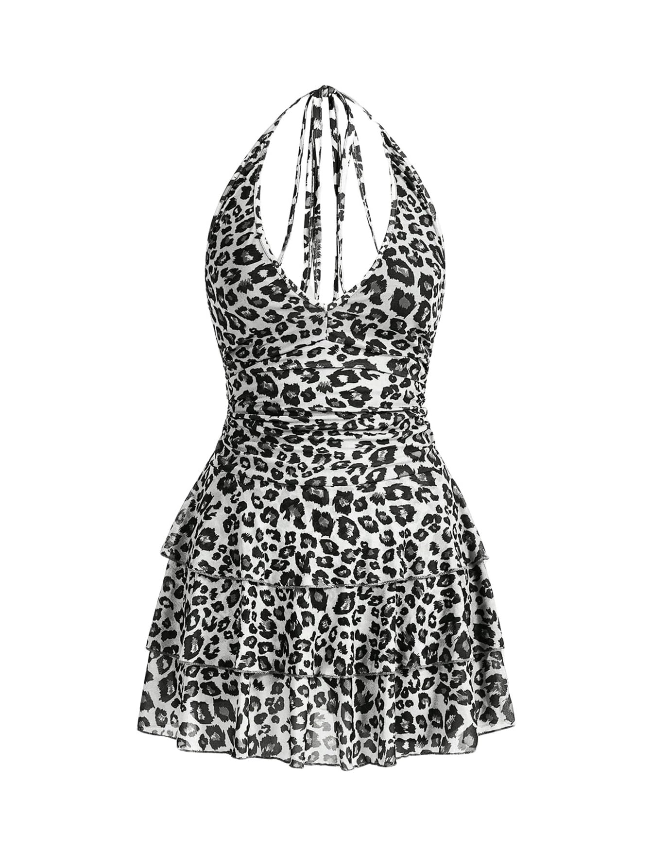 Women's Y2k Leopard Print Halter Dress Mesh Layered Ruffle Hem Animal Cheetah Dresses
