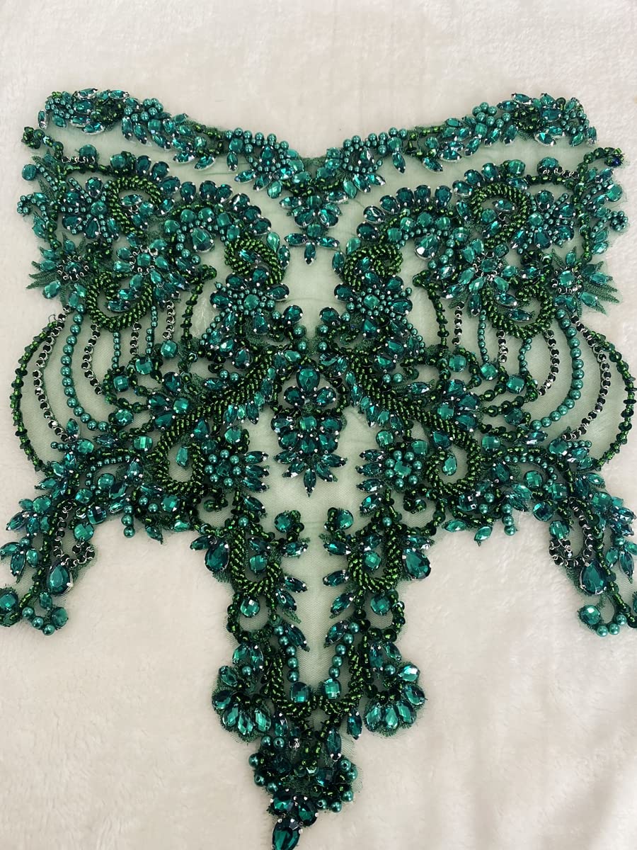 Handmade red/Blue/Gold/Green Rhinestones lace Bodice Applique Sewing Beads Crystal Trim Patches Accessory for Dress Clothes (Rose red)