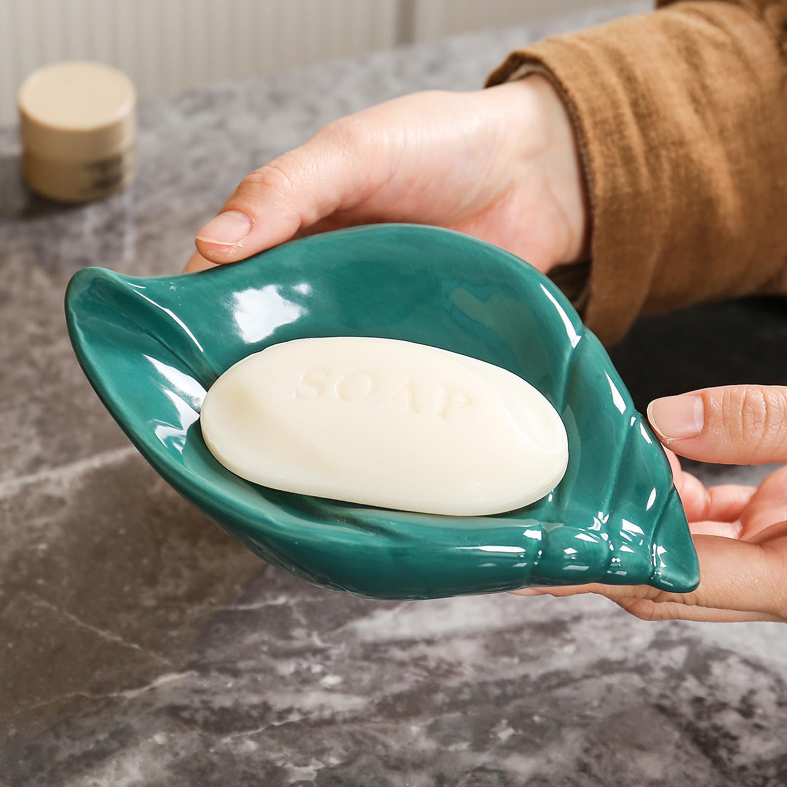 Sea-Shell Soap Holder, Ceramic Soap Tray with Self Draining, Soap Tray for Sink Washroom Bathroom Shower, Small Cute and Elegant Holder with Glaze