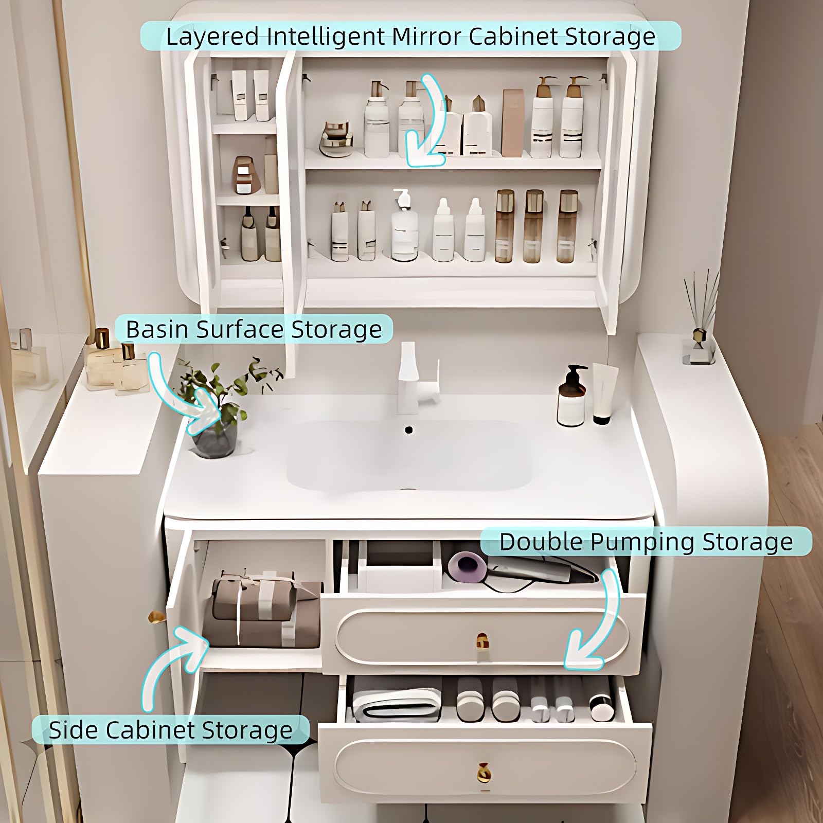 Wall-Mounted Bathroom Vanity Set - Included Single Sink, Contemporary Bathroom Vanity Featuring an Intelligent LED Defogging Mirror Cabinet & Ample Storage, Solid Wood Construction