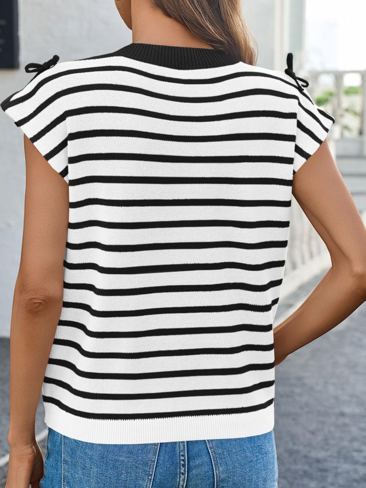 Womens Striped Bow Top Cap Sleeve Summer Cute Crewneck Going Out Lightweight Knit Sweater Vest Tops