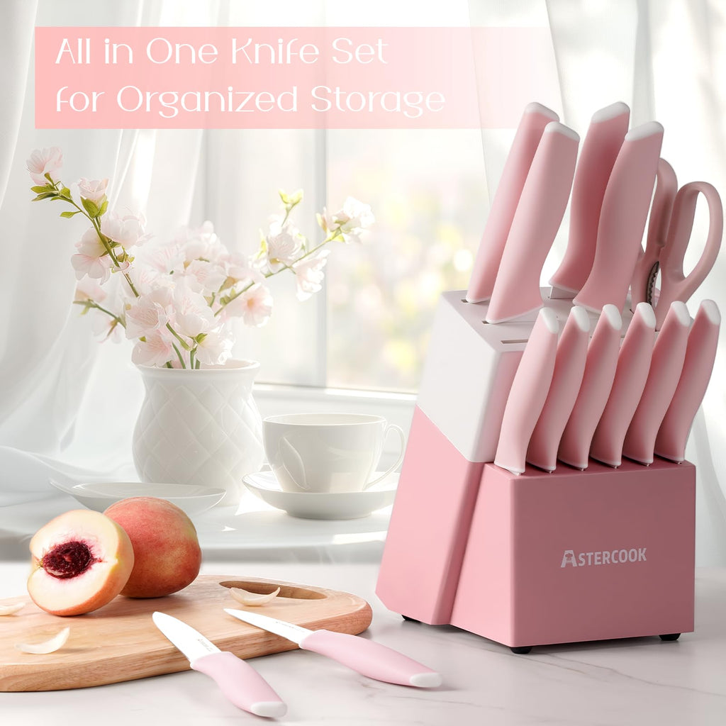 Colorful Kitchen Knives Set with Block and Sharpener Ceramic Coating 15 Pcs German Stainless Steel Knives Sharp Blade Dishwasher Safe Knife Block Set with Ergonomic Handle