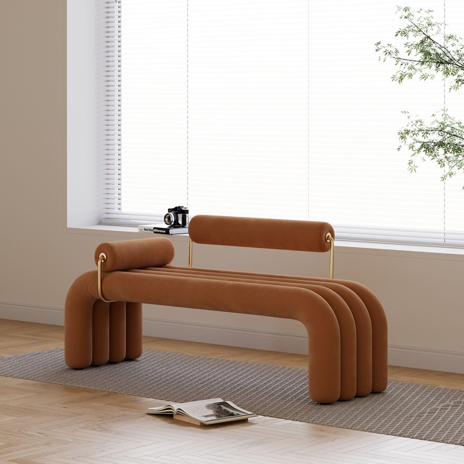 Modern White Line Tufted Bench Upholstered Entryway Bench Velvet Ottoman with Padded Seat