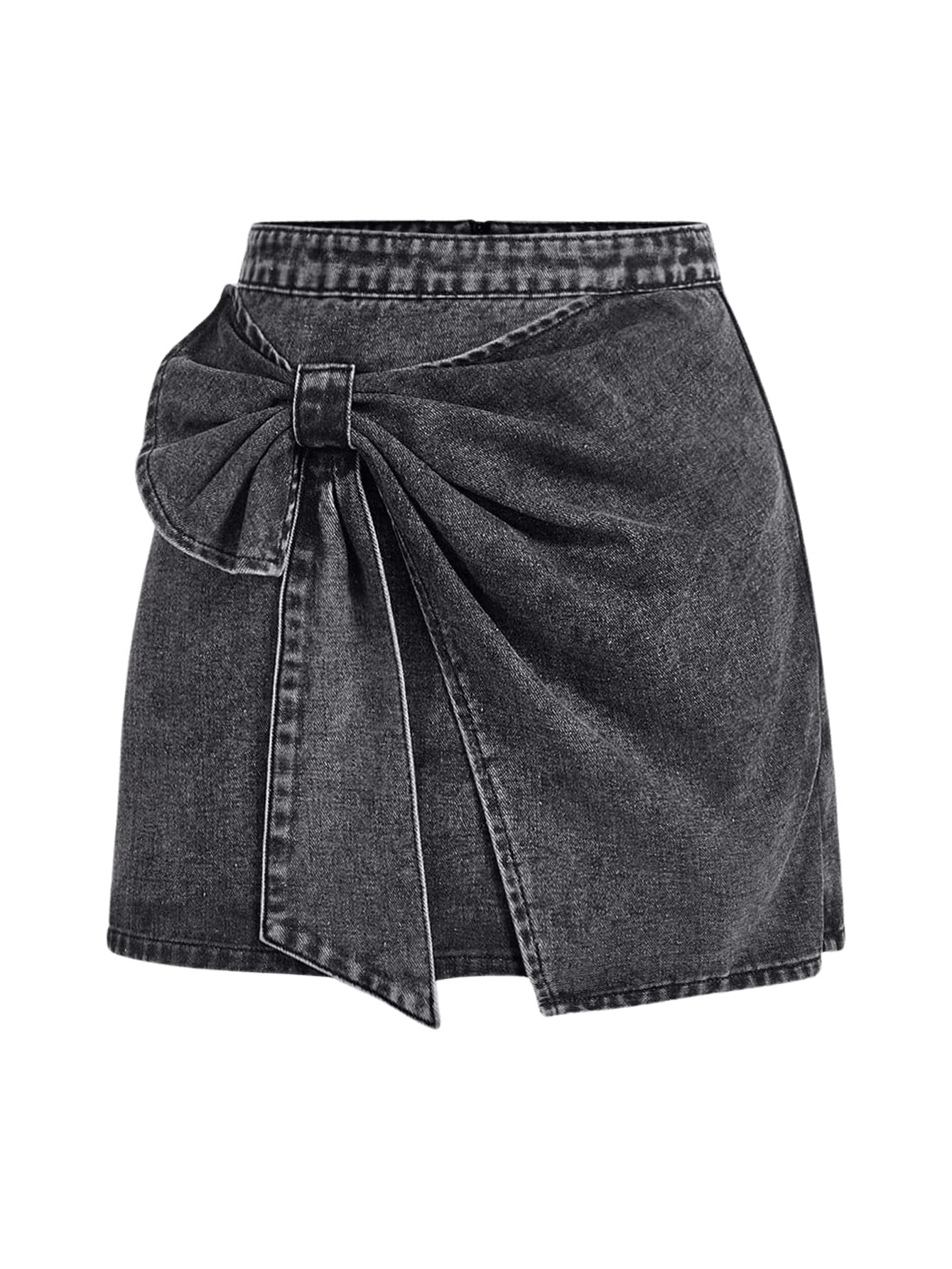 Women's High Waisted Big Bow Wrap Front Mini Bodycon Denim Skirts