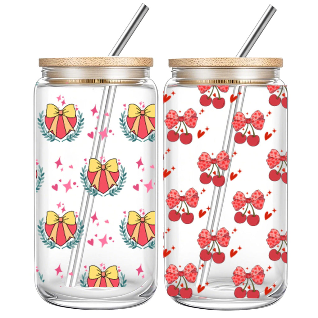 Cute 16oz Glass Cups with Lids and Straws, 2 Pack