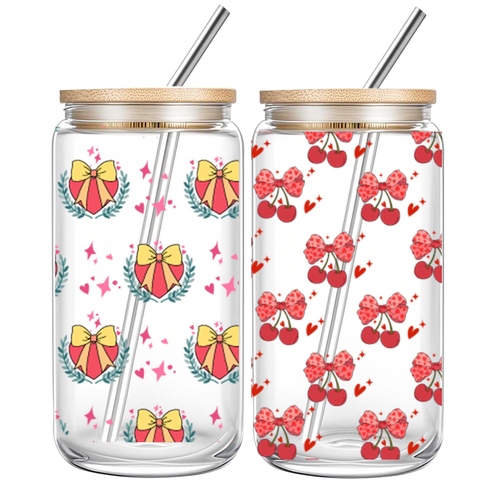 Cute 16oz Glass Cups with Lids and Straws, 2 Pack