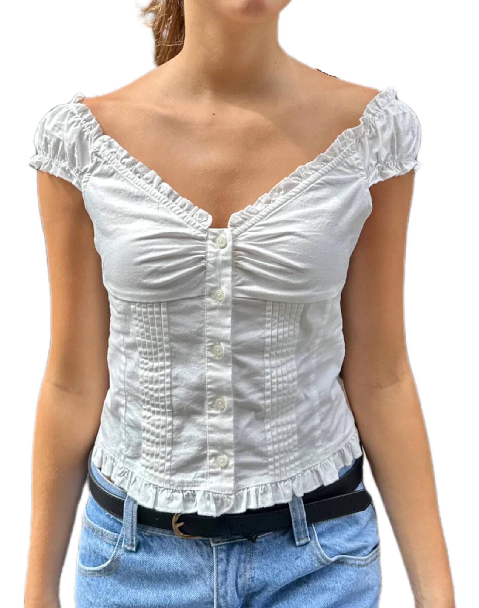 Y2K Short Sleeve Babydoll Tops for Women Cute Aesthetic U Neck Teen Girls Tshirt Ruffle Hem Patchwork Peplum Shirts