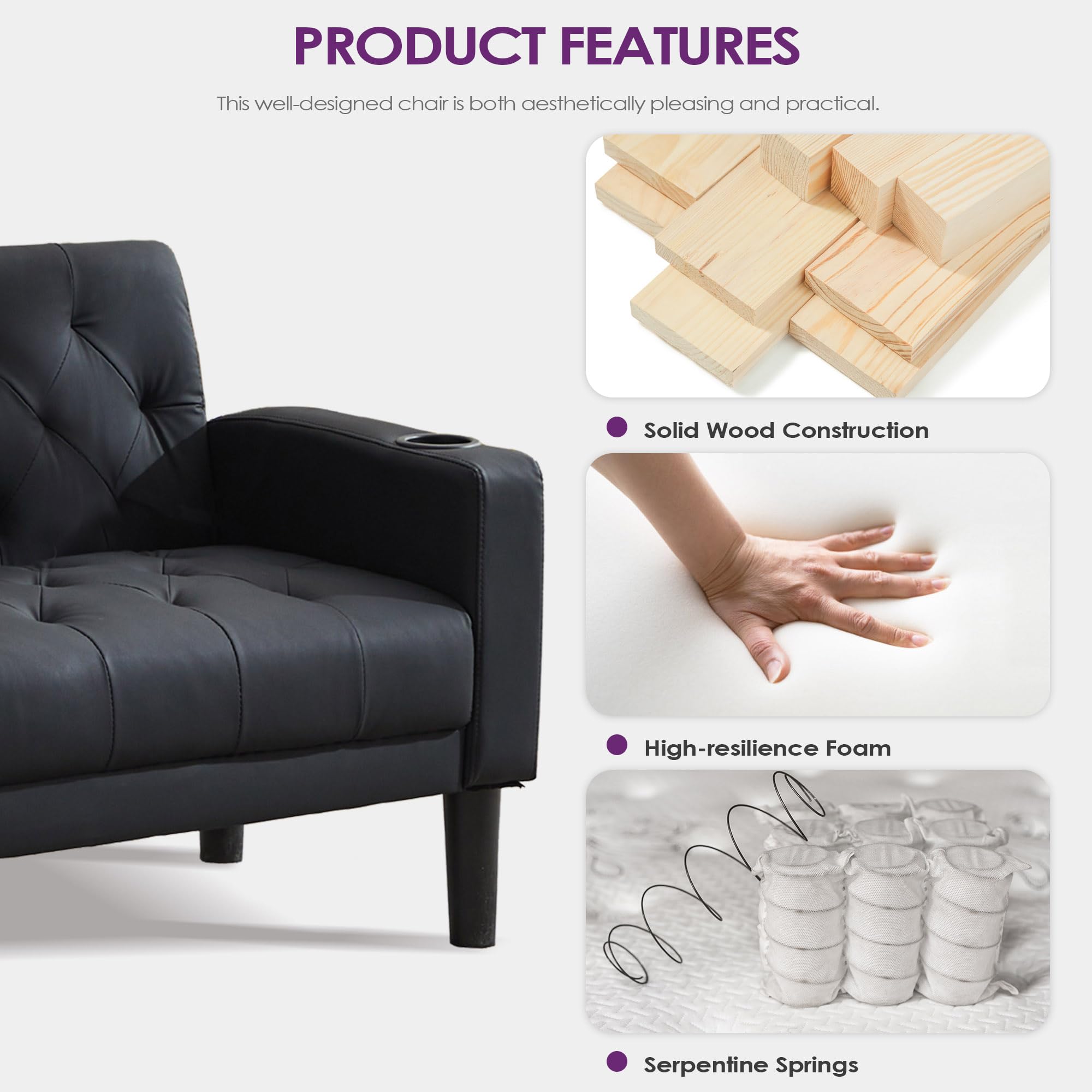 Velvet Loveseat Sofa w/ 2 USB Charger Ports and 2 Cupholders, Mid-Century Modern Tufted