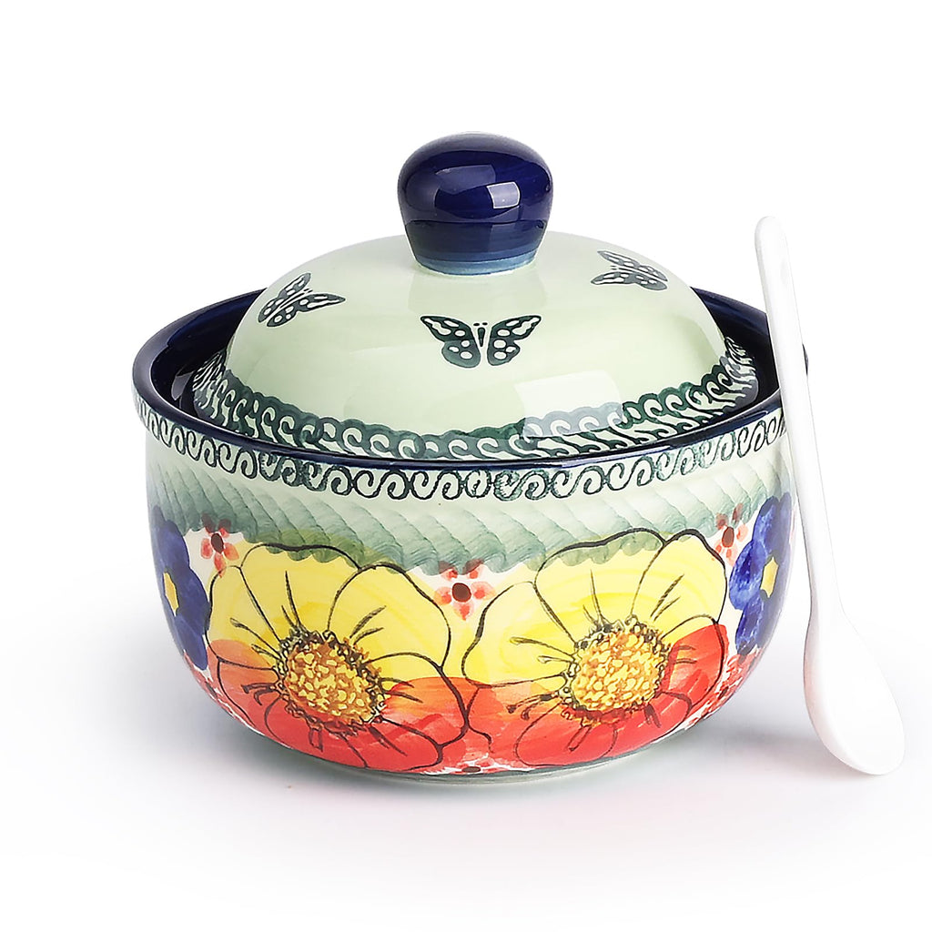 Handmade Sugar Bowl with Lid and Spoon, 10 Ounce Ceramic Hand-Painted Sugar Jar for Kitchen Oven, Dishwasher & Microwave Safe, Glazed