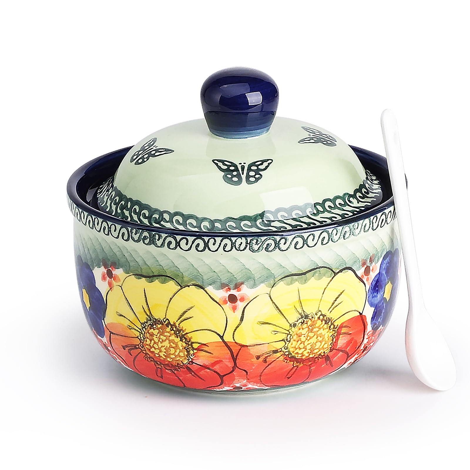 Handmade Sugar Bowl with Lid and Spoon, 10 Ounce Ceramic Hand-Painted Sugar Jar for Kitchen Oven, Dishwasher & Microwave Safe, Glazed