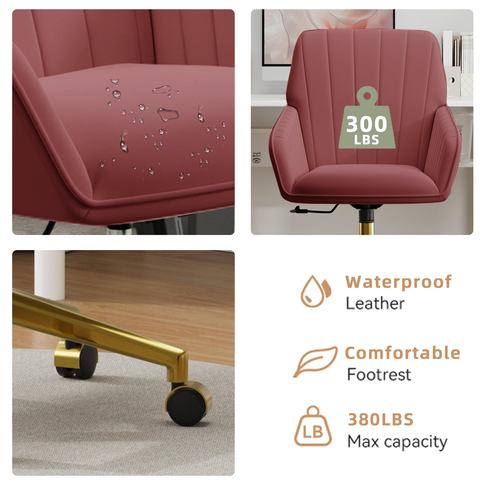 Velvet Modern Cute Chair with Back, Height Adjustable Upholstered Vanity Chair with Swivel Wheels