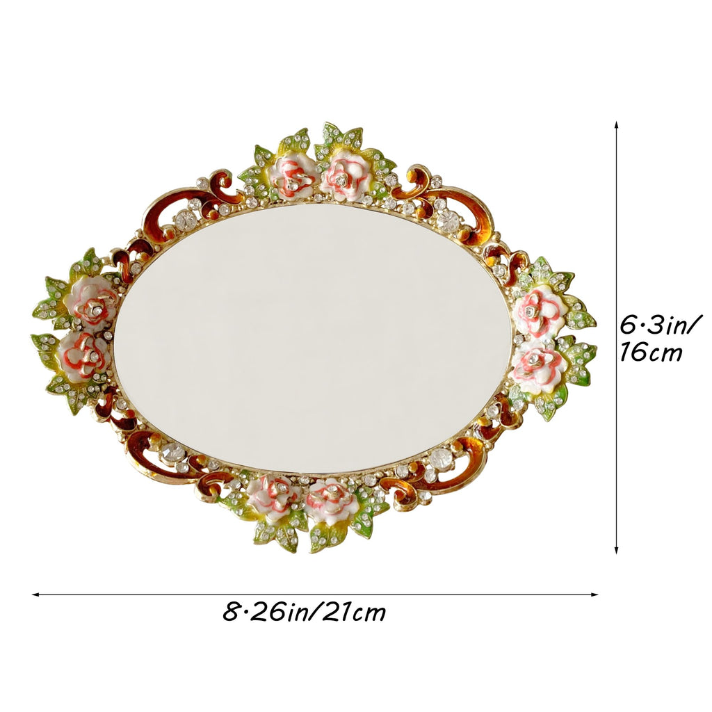 Hand-Painted Gold Floral Mirror Vanity Tray â€?Decorative Metal Jewelry and Makeup Organizer for Dresser or Countertop