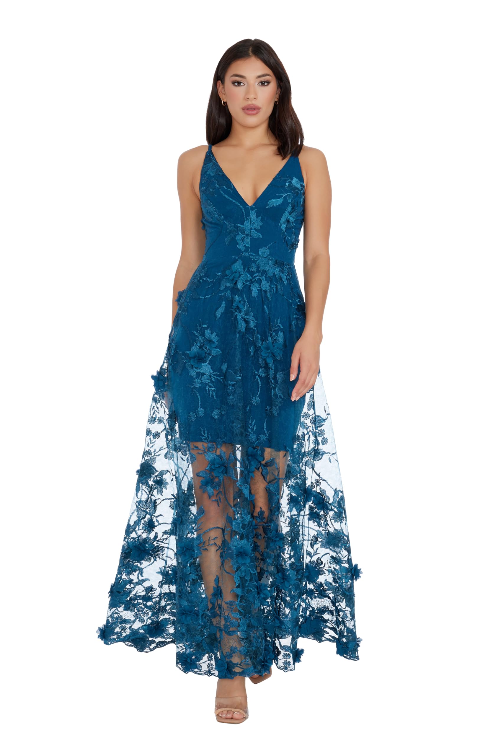 Women's Embellished Plunging Gown Sleeveless Floral Long Dress