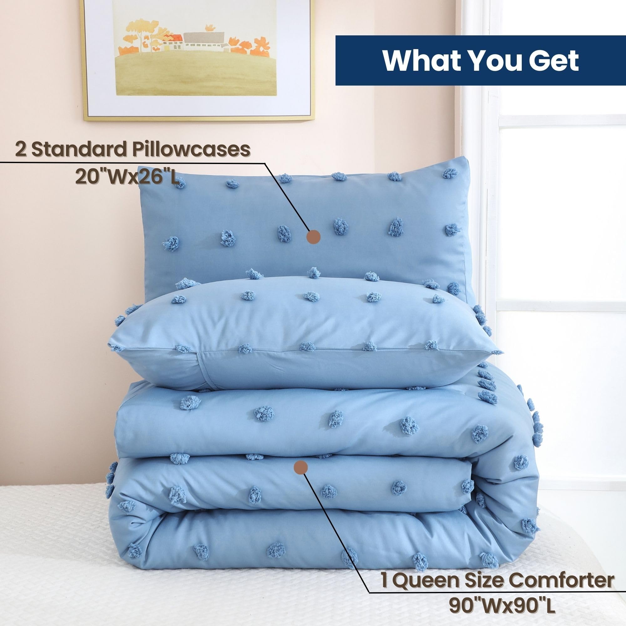 Comforter Set, 2 Pieces- Soft Cotton Lightweight Comforter with 1 Pillowcase, Chenille Dots All Season Down Alternative Comforter Set for Bedding