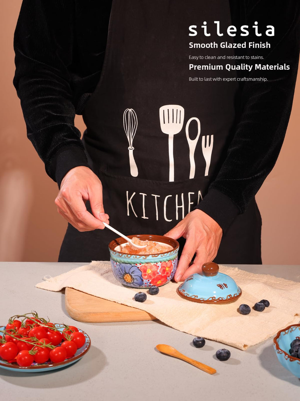 Handmade Sugar Bowl with Lid and Spoon, 10 Ounce Ceramic Hand-Painted Sugar Jar for Kitchen Oven, Dishwasher & Microwave Safe, Glazed