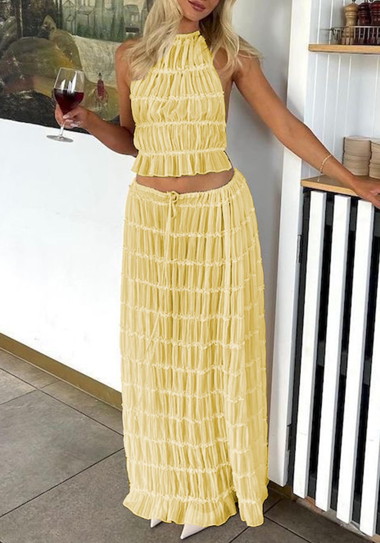 Skirt Sets Women 2 Piece Outfits Backless Halter Top And Pleated Ruffle Flowy Maxi Skirts Y2k Beach Vacation Set