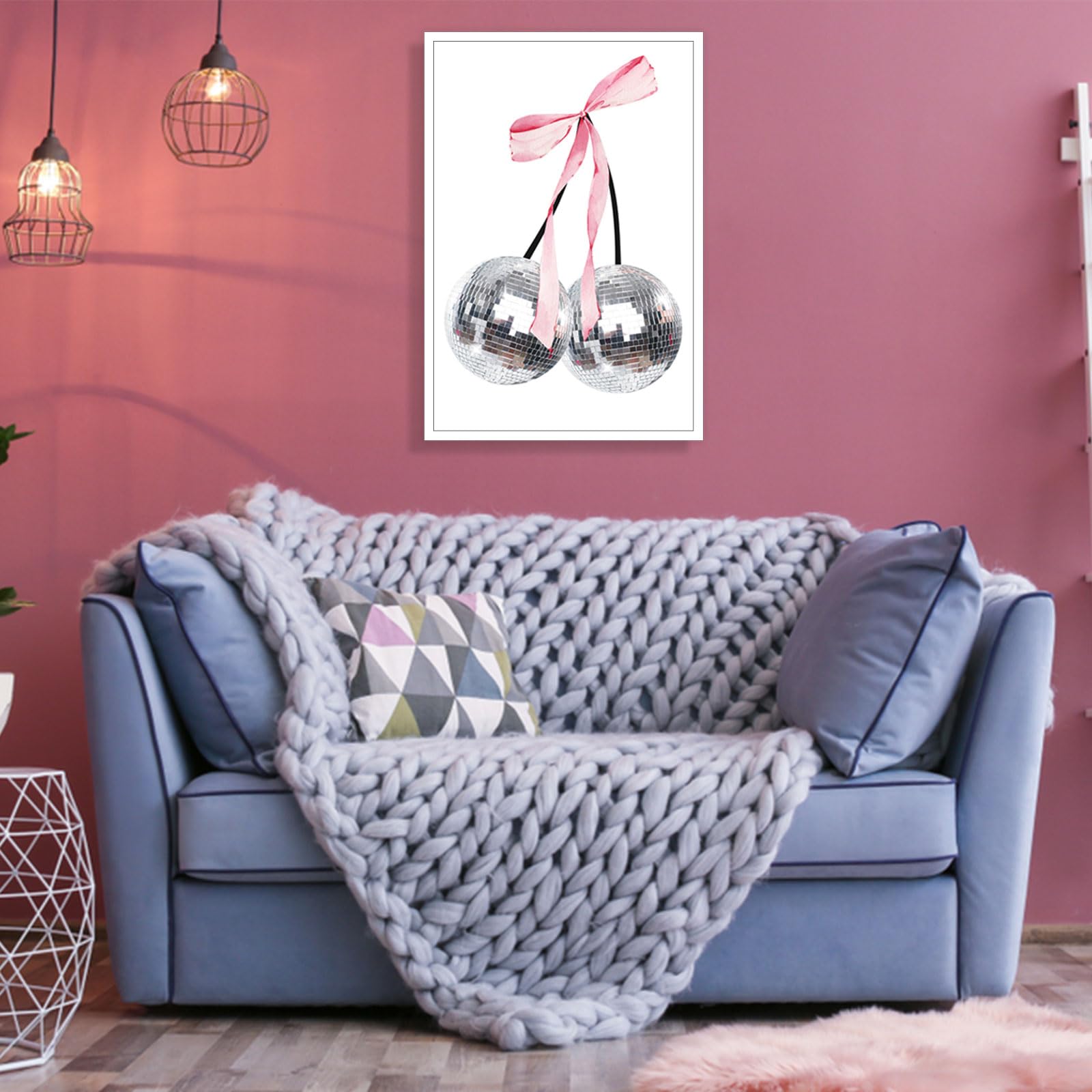 Trendy Pink Bow Disco Ball Posters White Cherry Canvas Wall Art Funky Coquette Bow Ribbon Preppy Aesthetic Prints Painting