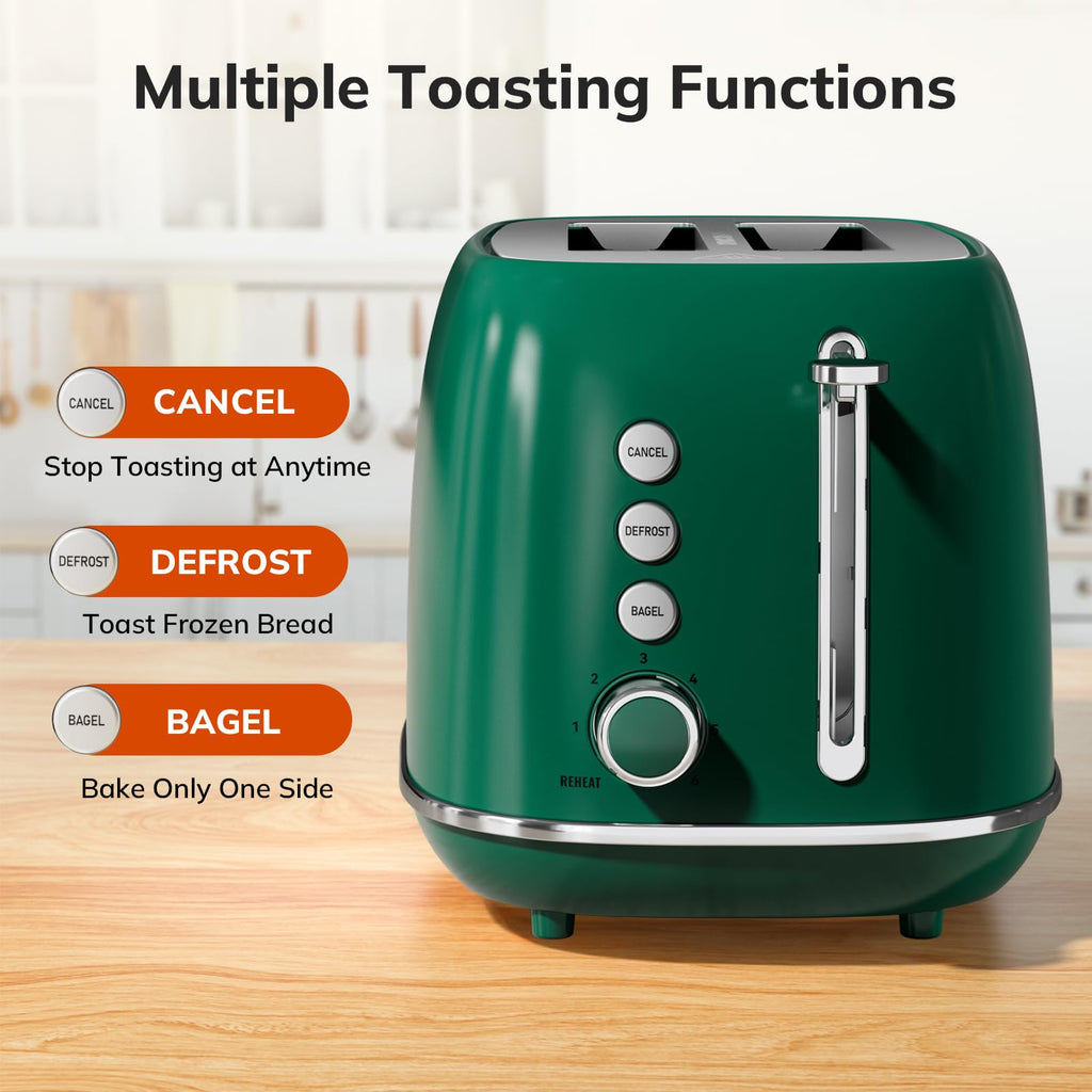 Toaster 2 Slice Stainless Steel with 6 Bread Shade Settings, Retro Toaster with Extra Wide Slot