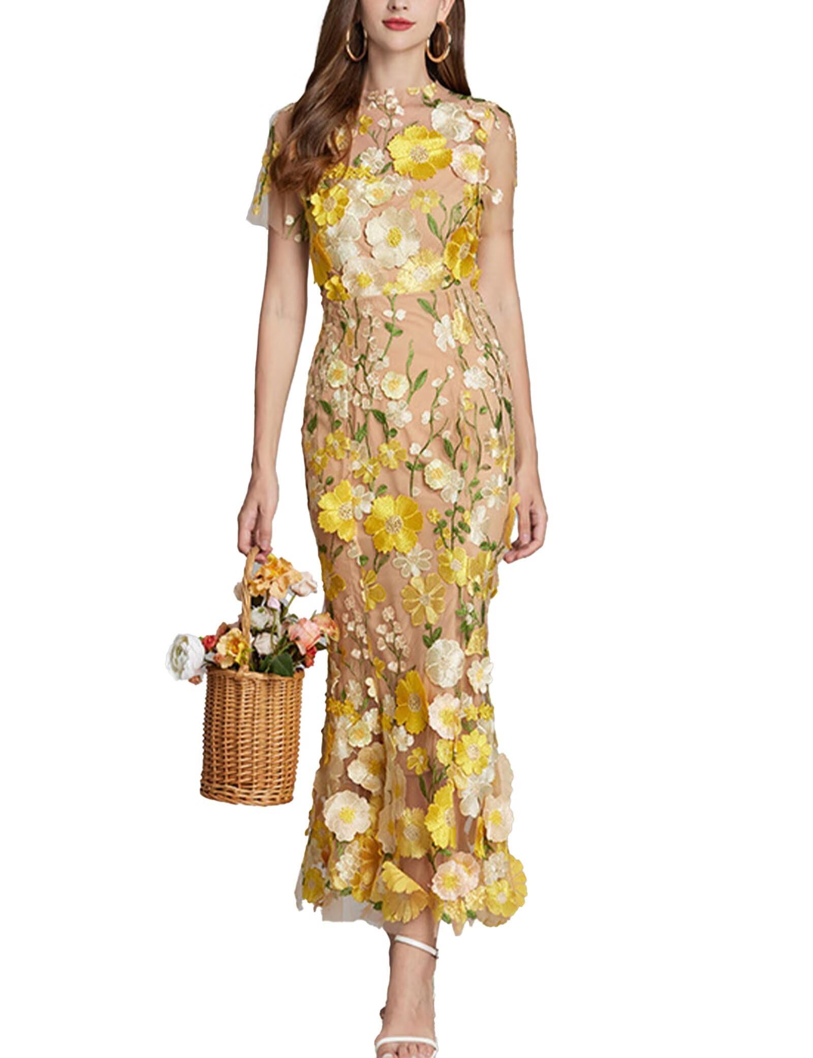 Women's 3D Floral Embroidery Dress Sheer Mesh Round Neck Lace Bodycon Party Cocktail Maxi Dress Short Sleeves