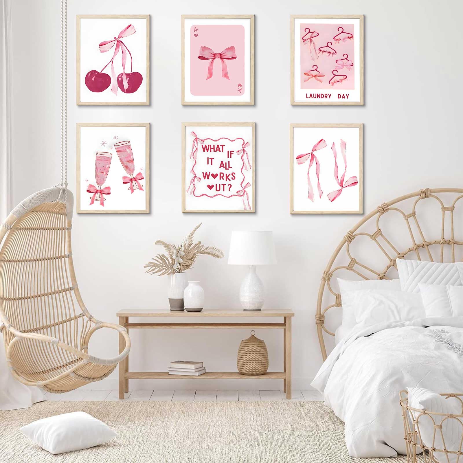 Trendy Pink Bows Wall Art Coquette Posters for Room Decor | Aesthetic Watercolor Light Pink Bow Canvas Prints 6Pcs
