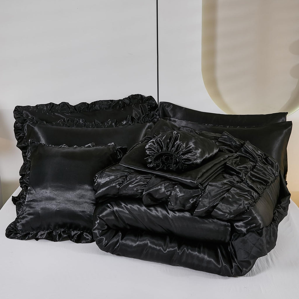Ruffle Comforter Set 8 Pieces Satin Comforter Set with Sheet Set - Waterfall Ruffle Design Luxurious Silky Comforter Set