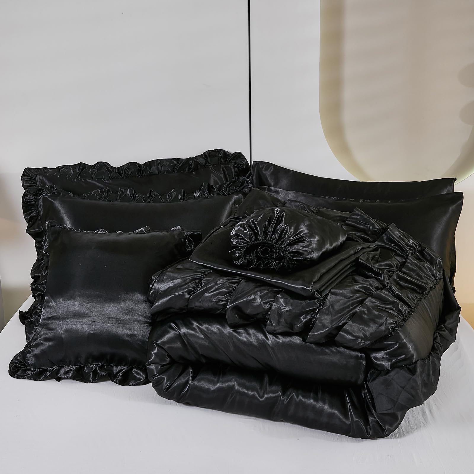 Ruffle Comforter Set 8 Pieces Satin Comforter Set with Sheet Set - Waterfall Ruffle Design Luxurious Silky Comforter Set