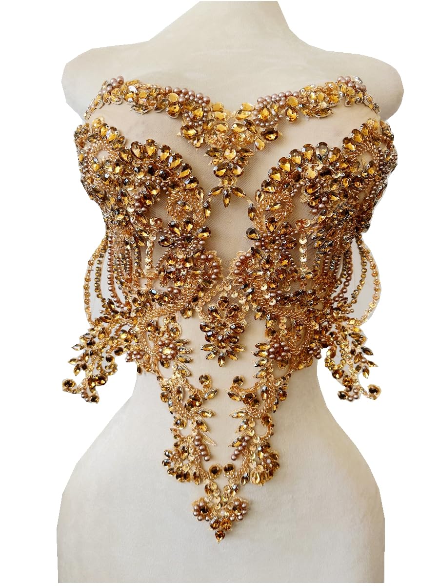 Handmade red/Blue/Gold/Green Rhinestones lace Bodice Applique Sewing Beads Crystal Trim Patches Accessory for Dress Clothes (Rose red)