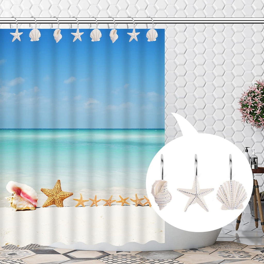 Seashell Shower Curtain Hooks, 12PCS Anti Rust Decorative Resin Hooks for Bathroom