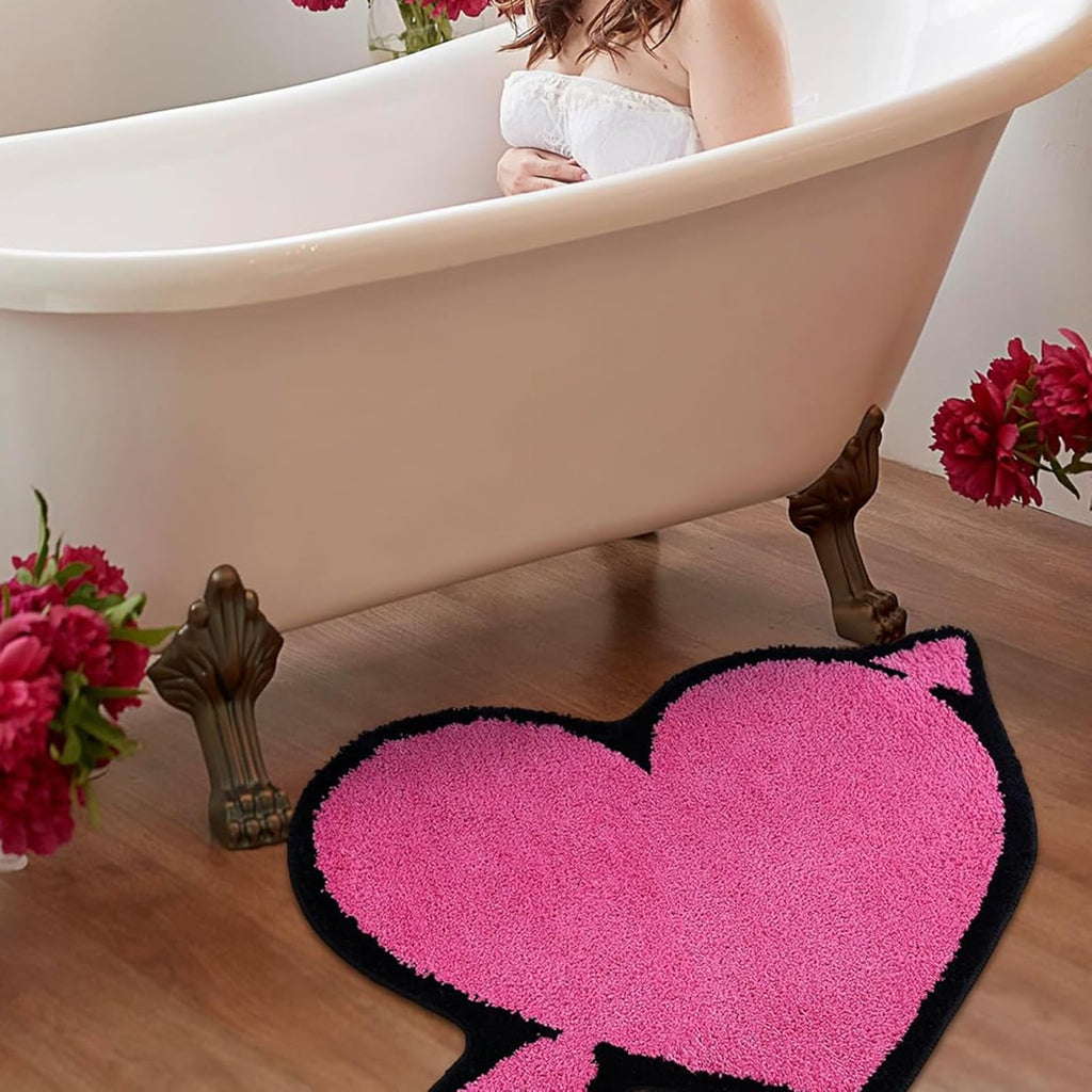 Pink Heart Shape Bathroom Mat - Soft and Absorbent Bath Mat, Non Slip Washable Bath Rug for Shower Bedroom Kitchen Living Room Decor