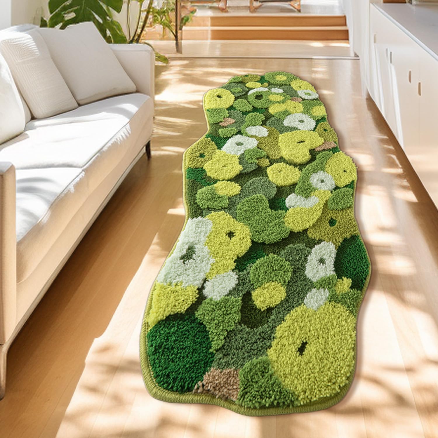 Green Moss Bathroom Rugs Bath Mat Non Slip, Ultra Soft Absorbent Aesthetic Decor Shaggy Tufted Flower Long Bath Rugs