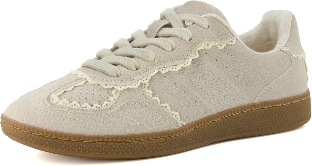 Women's Lace Detail Casual Sneakers â€?Elegant Ribbon Lace-Up Shoes with Memory Foam