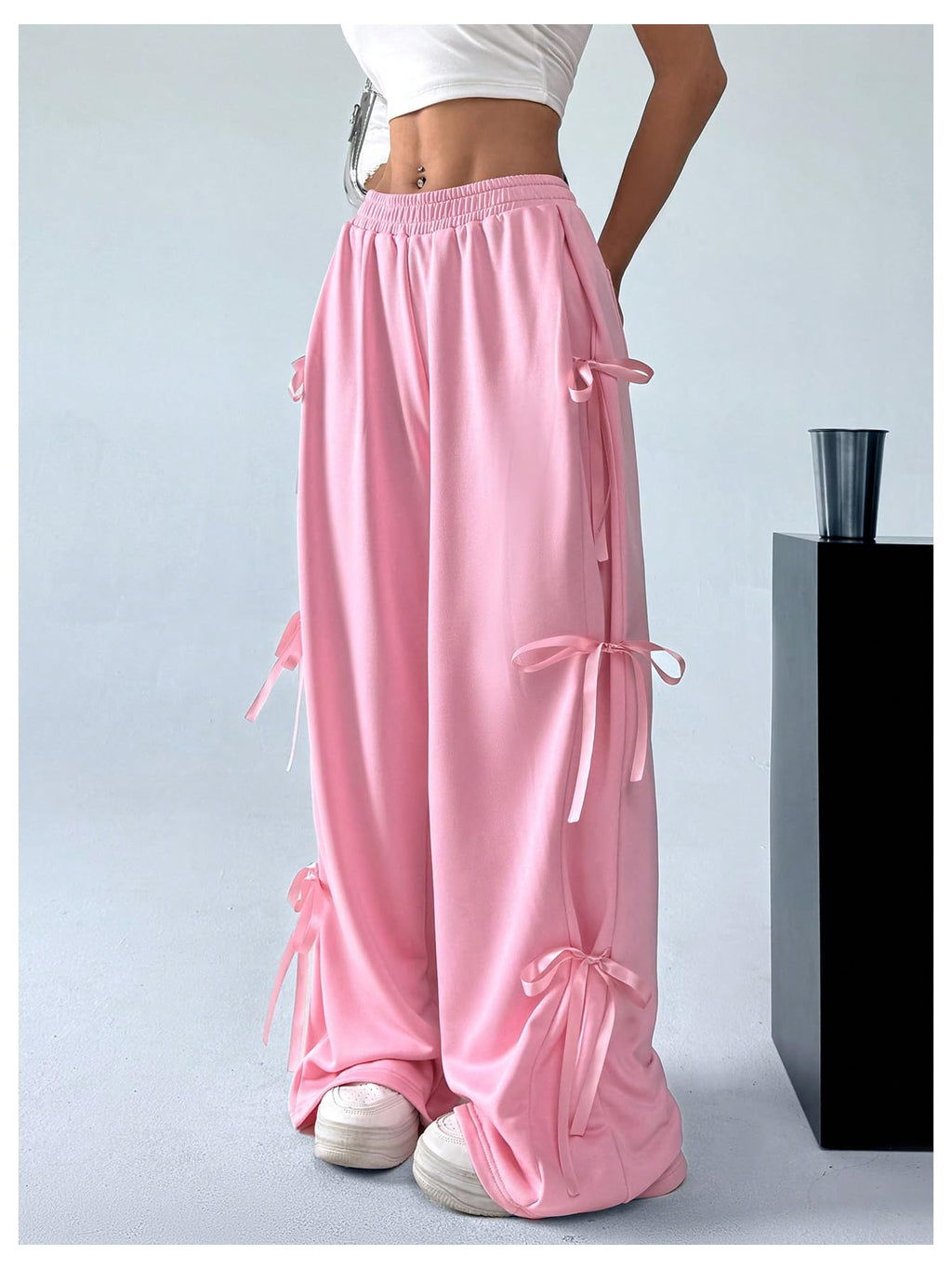 Women's Bow Wide Leg Sweatpants Elastic Waist Casual Baggy Pants with Pocket