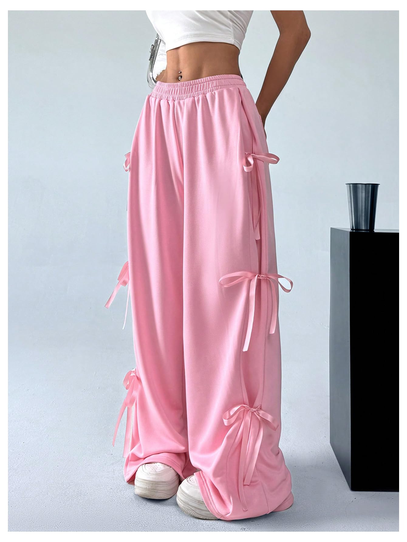 Women's Bow Wide Leg Sweatpants Elastic Waist Casual Baggy Pants with Pocket