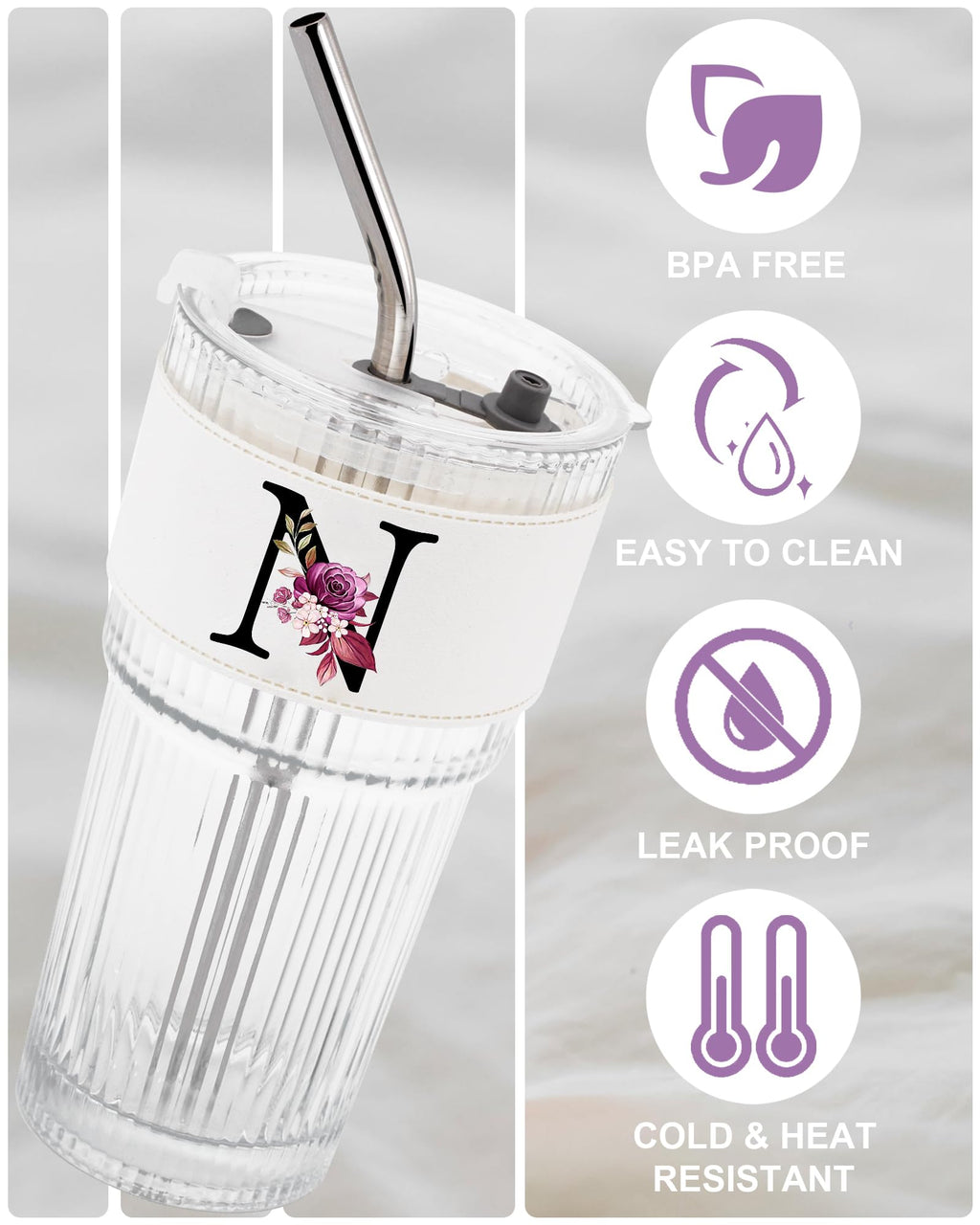 Initial Glass Cup with Lid Straw Ribbed Ice Tea Clear Tumbler Her Sister Coffee Matcha Latte Girlfriend Gf Aunt Best Friend Friendship Bestie Wife Cute Asthetic Unique Birthday Personalized Gift K