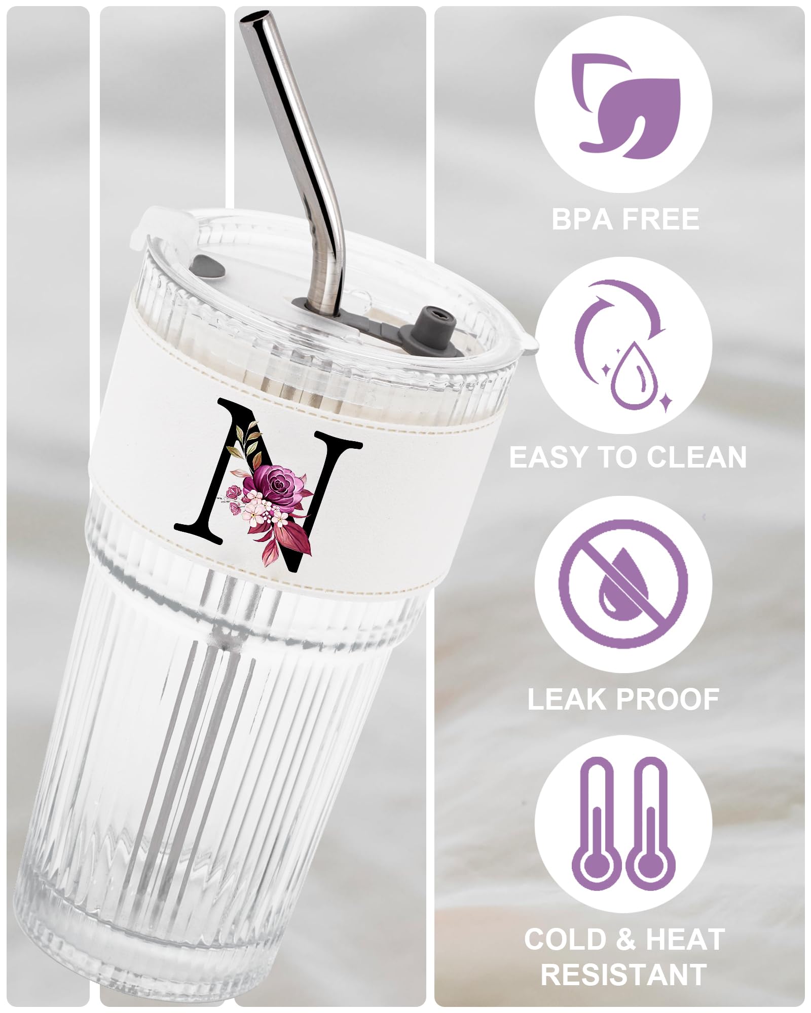 Initial Glass Cup with Lid Straw Ribbed Ice Tea Clear Tumbler Her Sister Coffee Matcha Latte Girlfriend Gf Aunt Best Friend Friendship Bestie Wife Cute Asthetic Unique Birthday Personalized Gift K