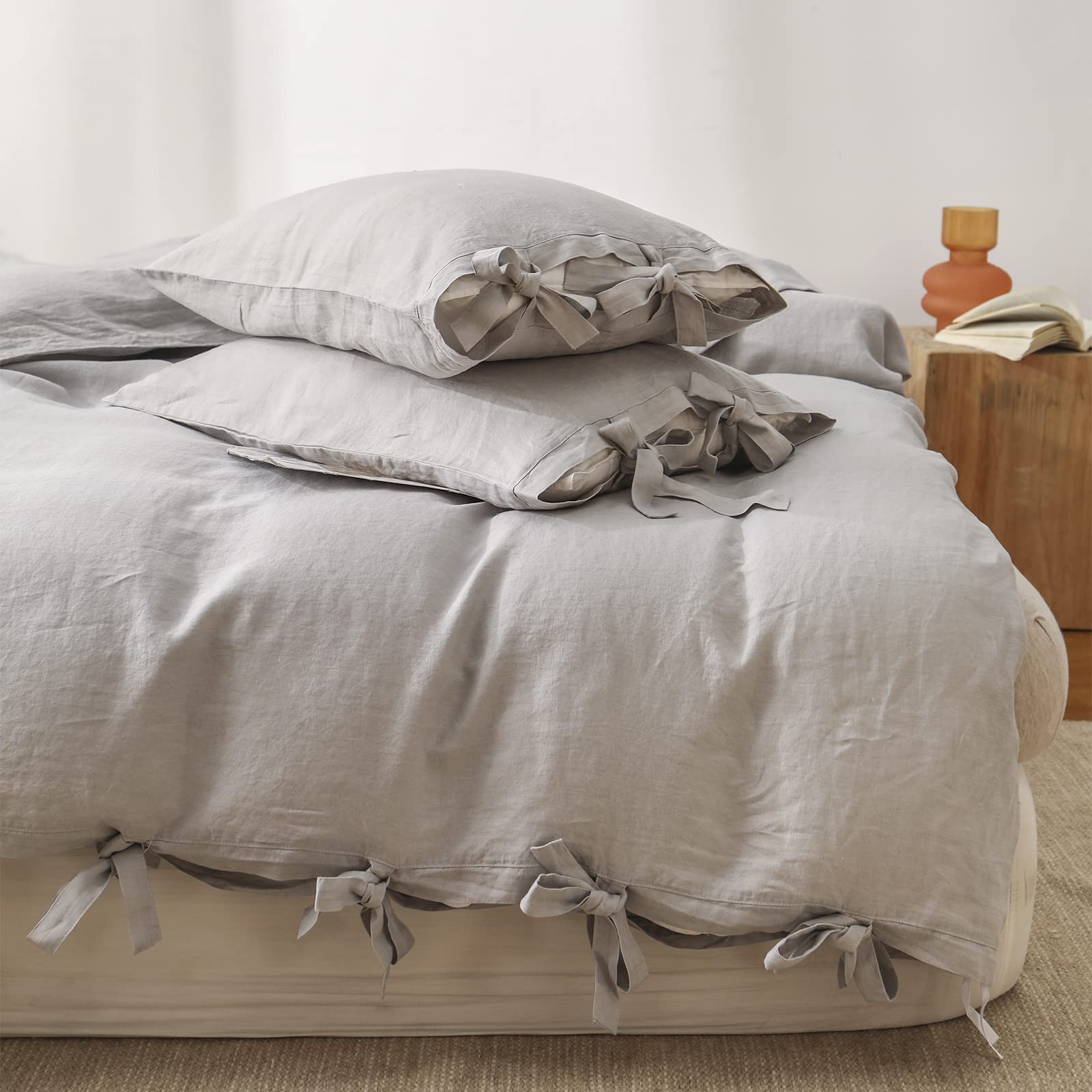 The 100% Linen Duvet Cover Set, 3 Pieces Belgian Flax Breathable Bedding,(1 Comforter Cover+2 Pillowshams) with Tie Closure Style