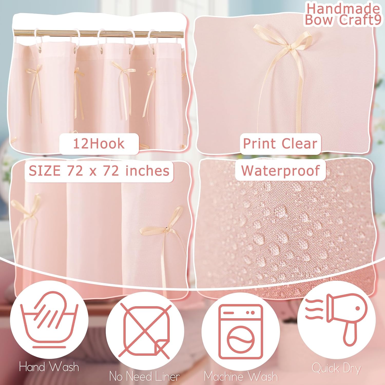 Coquette Pink Bow Shower Curtain Shower Curtain with 12 Buttonholes Bathroom Modern Aesthetic Cloth Shower Curtain Set, 72" W x 72" H