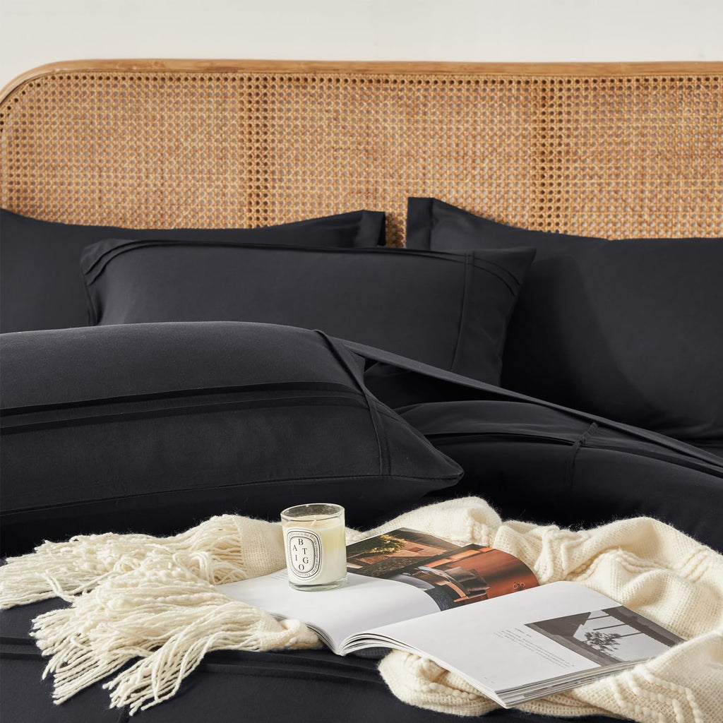 Comforter Set 7 Piece Bed in a Bag, Grid Pinch Pleat Bedding Set, Striped Textured Soft Microfiber Comforter with Sheet Set