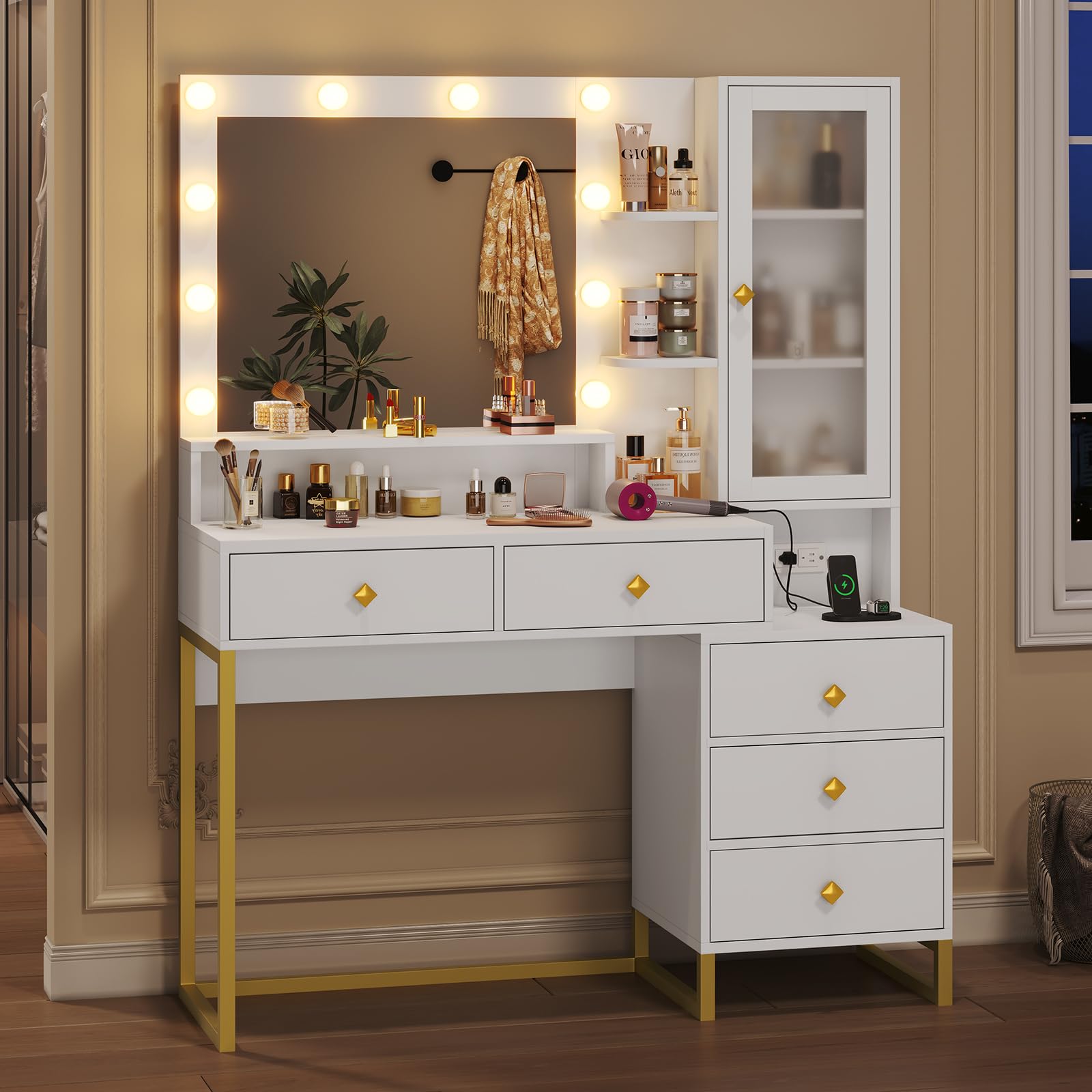 Vanity Desk with Mirror and Lights & Charging Station, White Vanity Table with 5 Storage Drawer & Glass Door & 3 Shelves