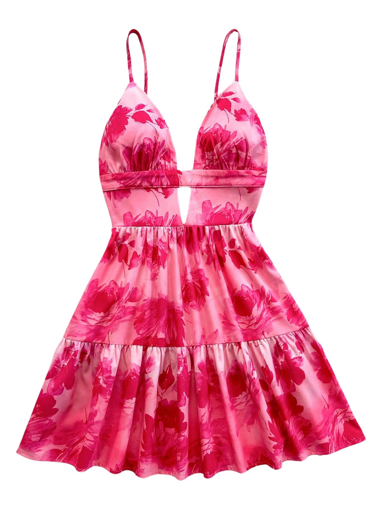 Women's Sleeveless Butterfly Print Cut Out V Neck Tiered Mini Cami Dresses