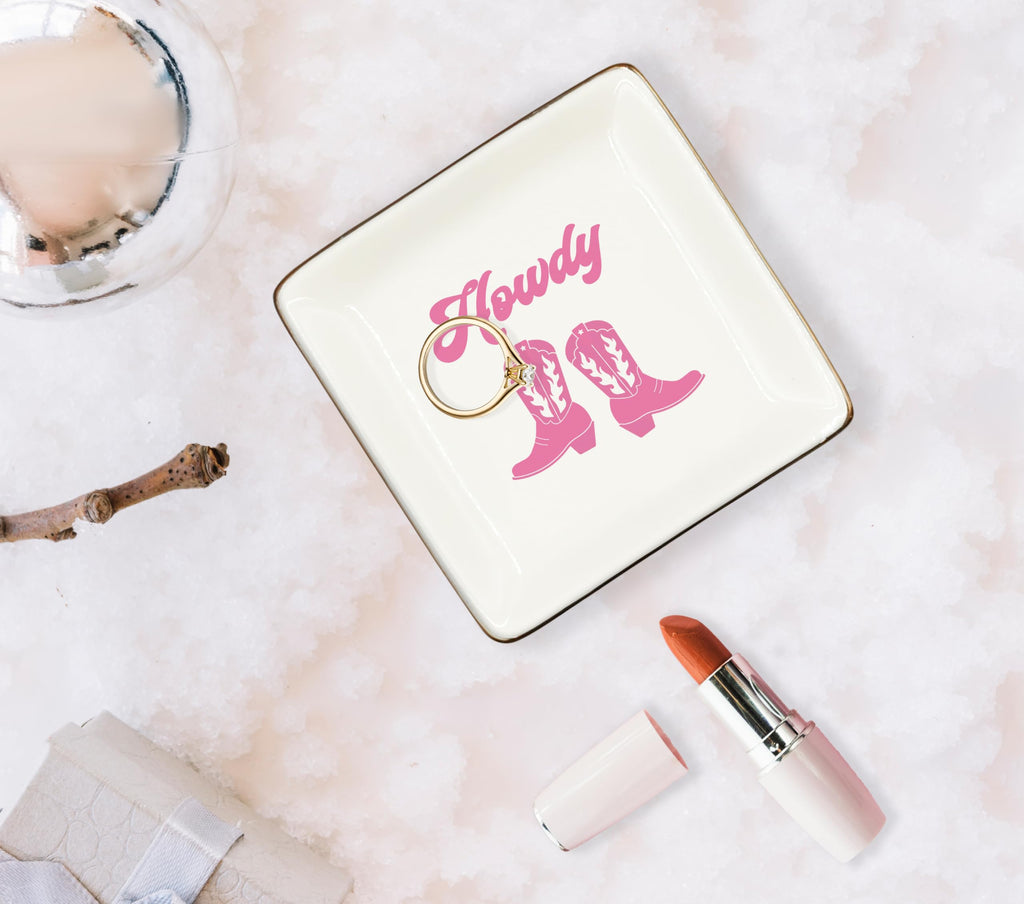 Ceramic Jewelry Tray Dish, Pink Print Jewelry Plate Trinket Dish