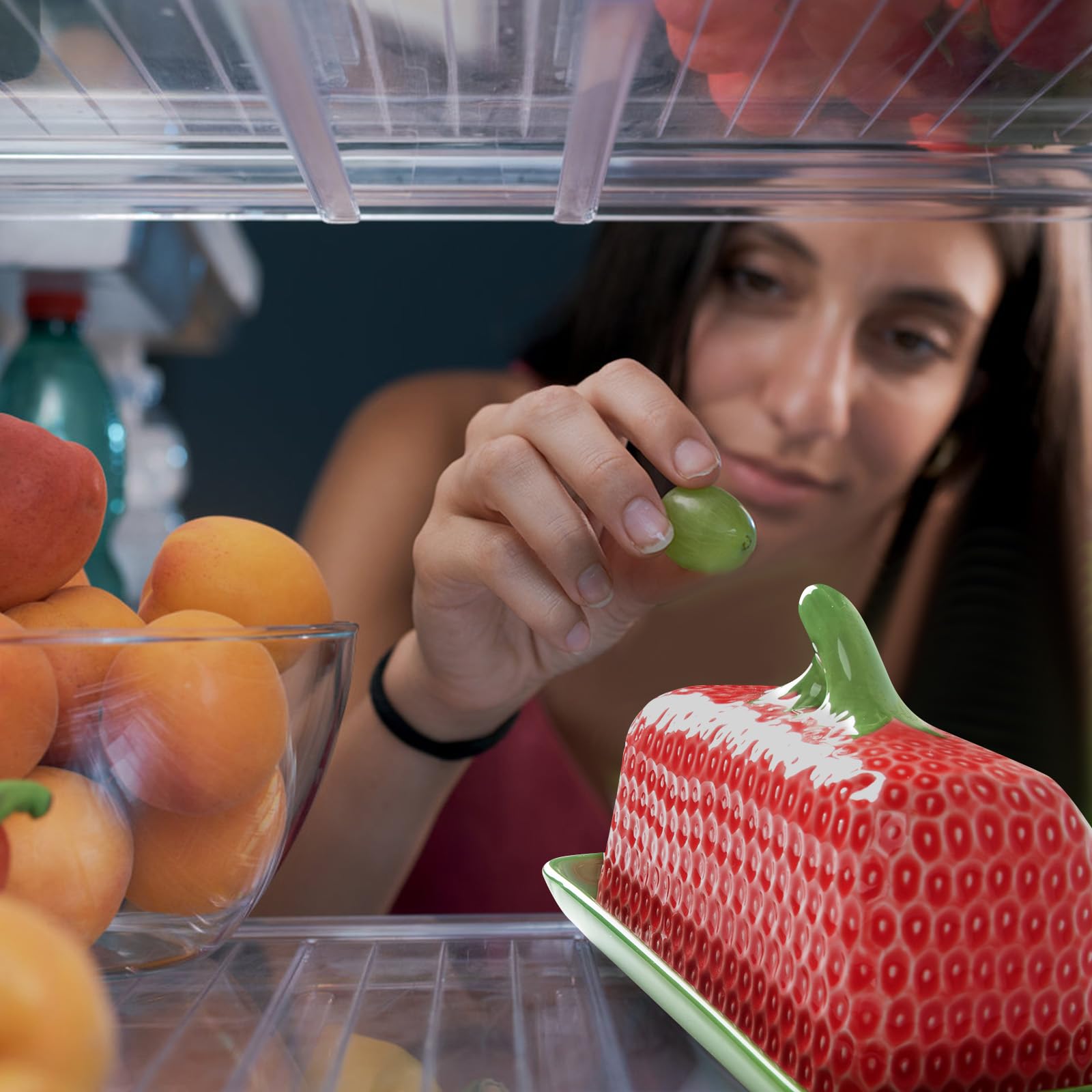 Cute Butter Dish with Lid for Countertop, Ceramic Strawberry Butter Tray