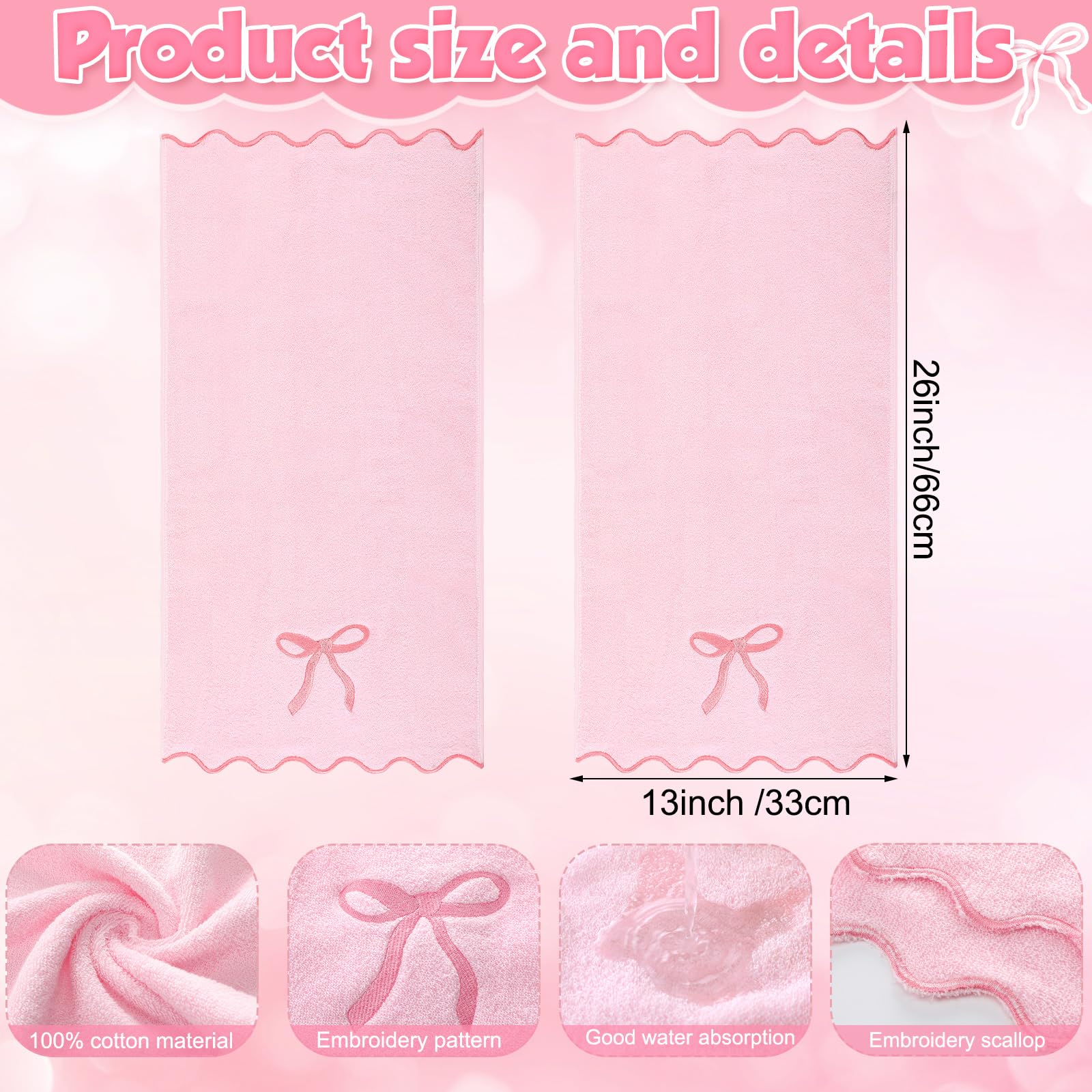 Embroidery Coquette Bow Hand Towels 100% Cotton Soft Absorbent